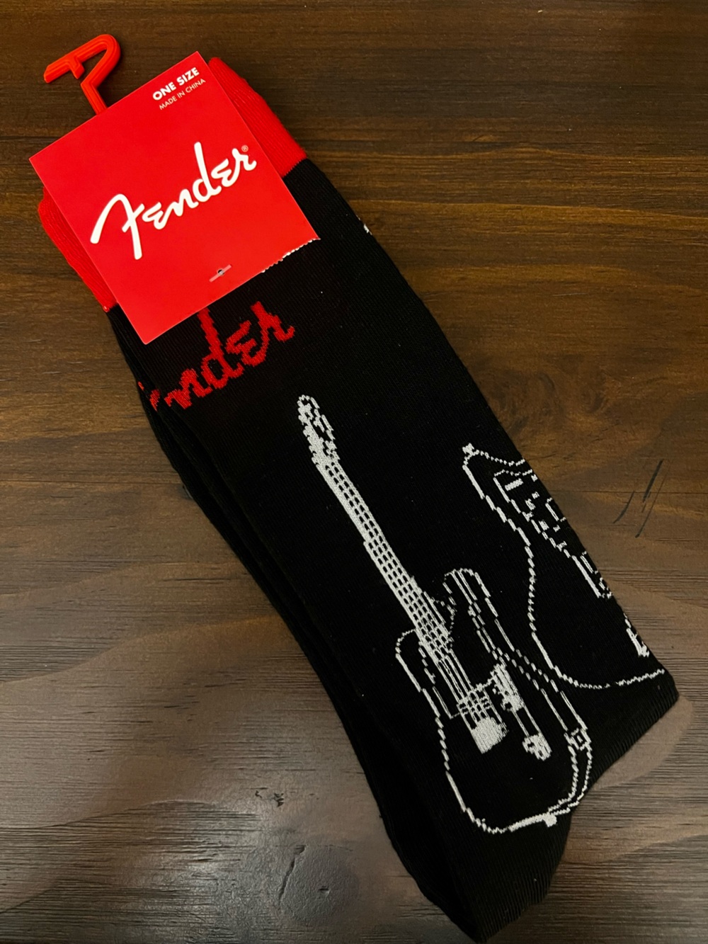 🧦 🛍️ 5/$20 - Fender Black Crew Socks with White Guitar and Red Logo